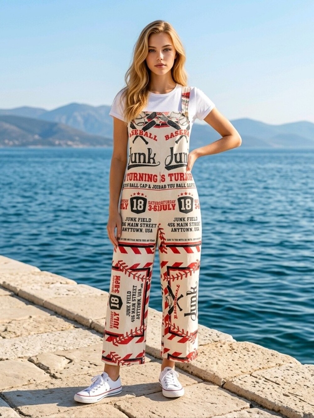 Vintage Feed Sack Inspired Cream Baseball-Print One-Piece Overalls Mi